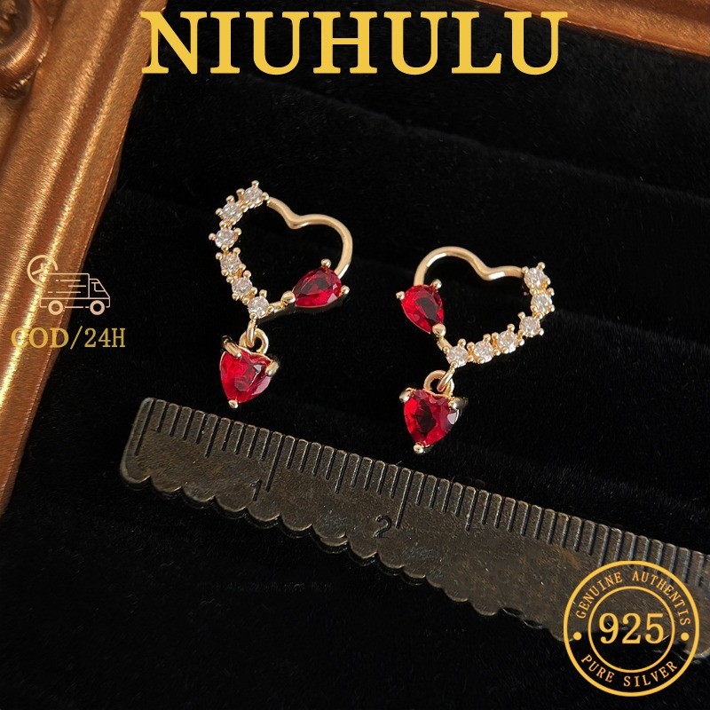 Anting-anting Wanita Berbentuk Hati S925 Dengan Rumbai Indah Warna Merah Delima Dan Zirkonium Berkil