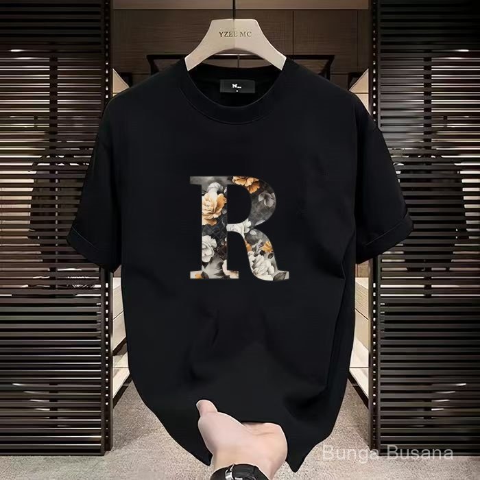 Kaos Tebal 220gsm Motif Huruf Abjad Dengan Isian Bunga Mawar Elegan, Bahan Katun Padat Awet, Tersedi