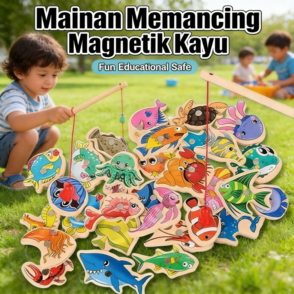 Mainan ikan kartun 15/30 untuk anak pendidikan, magnetik kayu