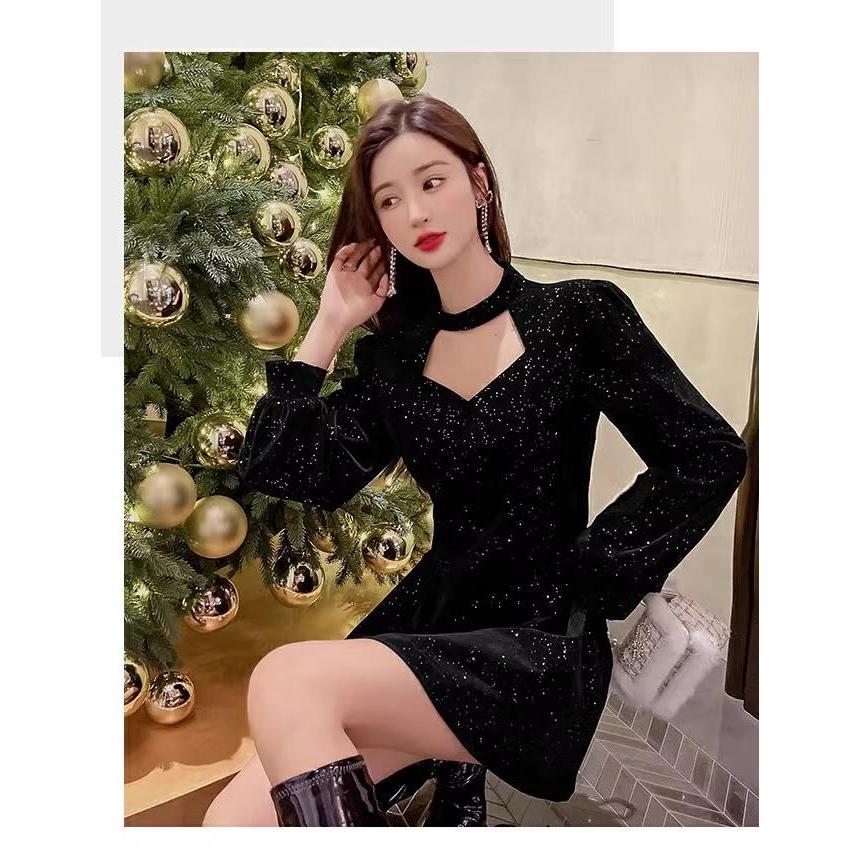 mini dress hitam wanita elegan simple evening dress dress lengan panjang halloween casual party nigh