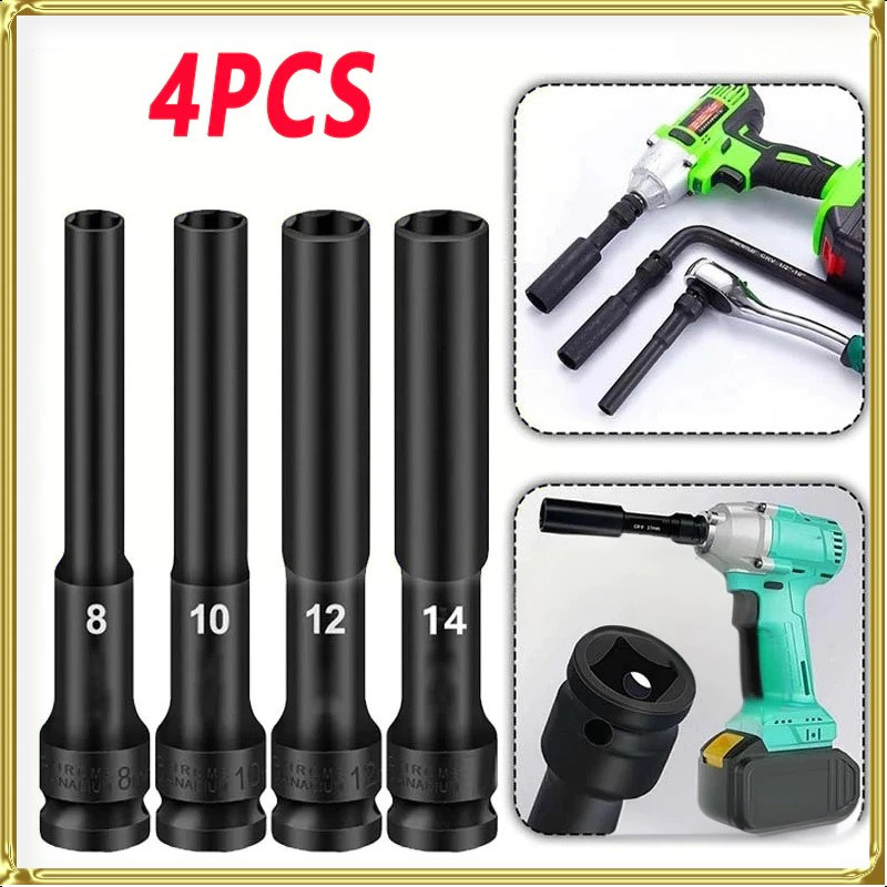 4PCS Mata Kunci Shock Cover Panjang 8-14MM High Hardness 1/2 Hex Socket Head Adapter Electric Wrench