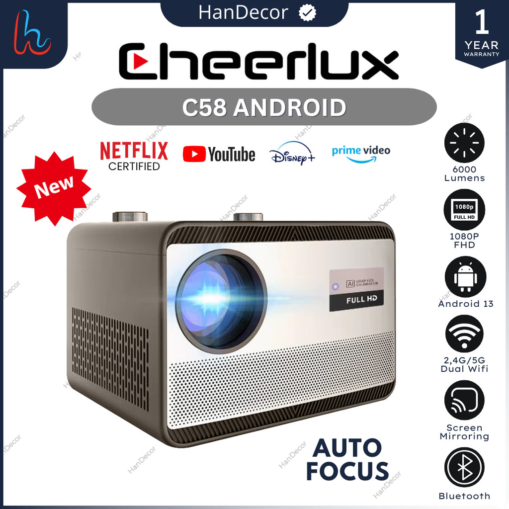 Proyektor Cheerlux C58 Android 13  - 6000 Lumens Auto Focus Support 4K HDR 10 - Netflix Certified