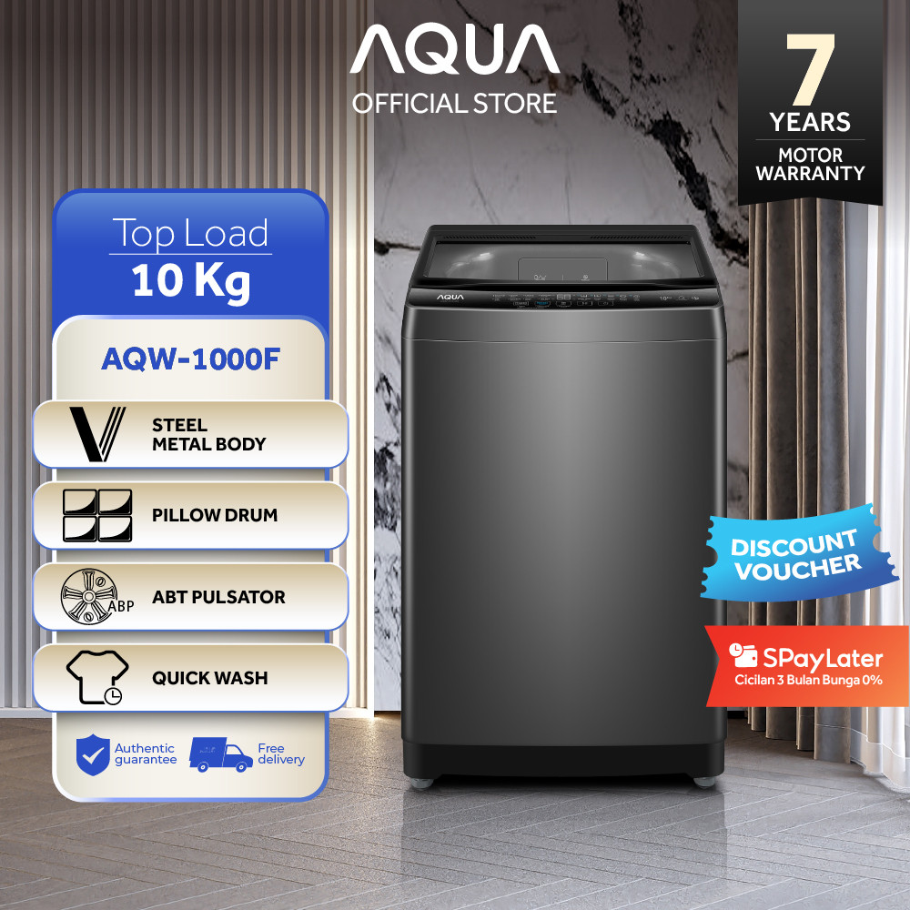 AQUA Elektronik AQW-1000F Mesin Cuci Top Loading 10 Kg - V Steel Metal Body - Pillow Drum - ABT Puls