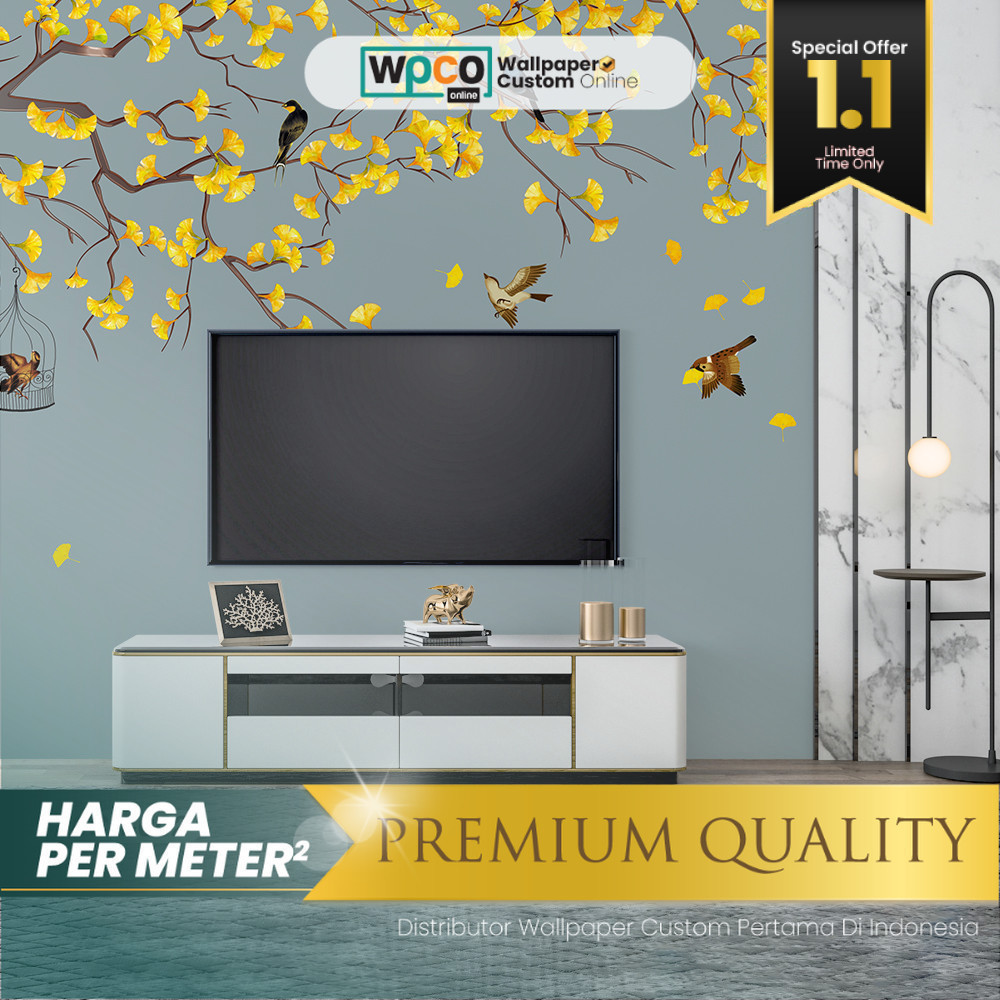 Wallpaper Custom - Wallpaper Custom Ruang TV - Wallpaper Custom Gambar Bunga dan Burung - Wallpaper 