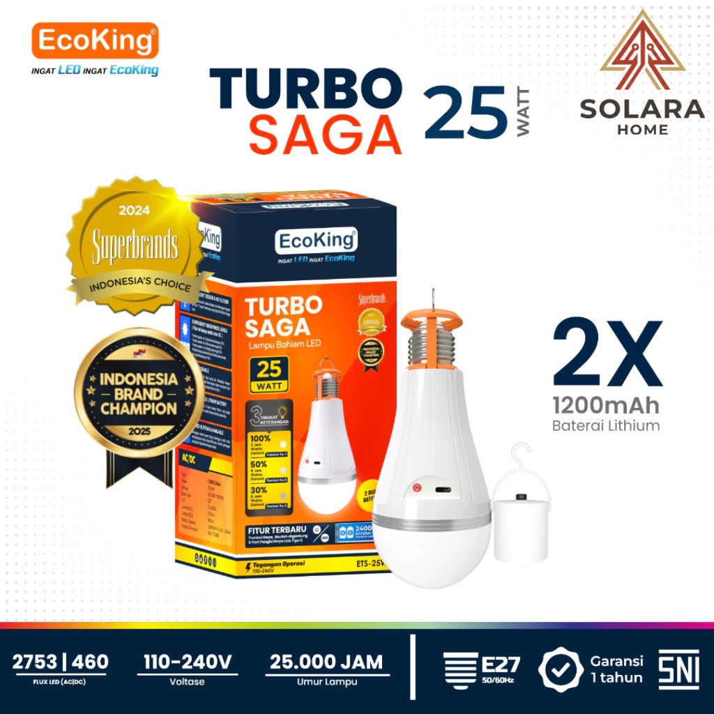 EcoKing Lampu LED Emergency 25W Turbo Saga ETS-25W Putih - Bohlam Darurat Cas 3 Level DC