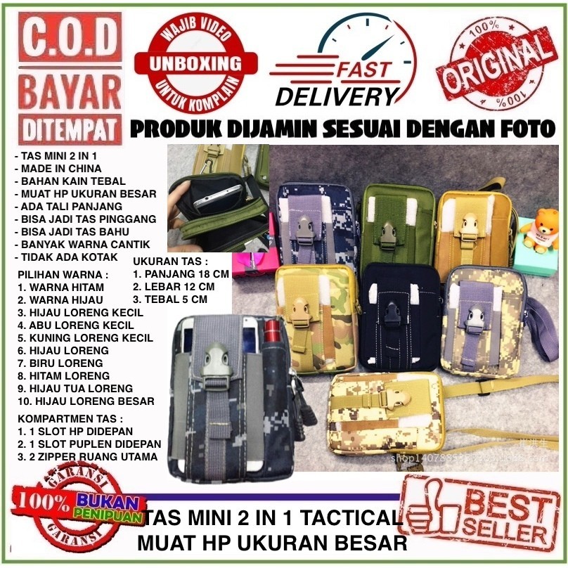 Bayar di Tempat Tas Bahu / Dompet Pinggang Tactical Pria Muat HP Besar Bahan Kain Tebal Ukuran Mini 