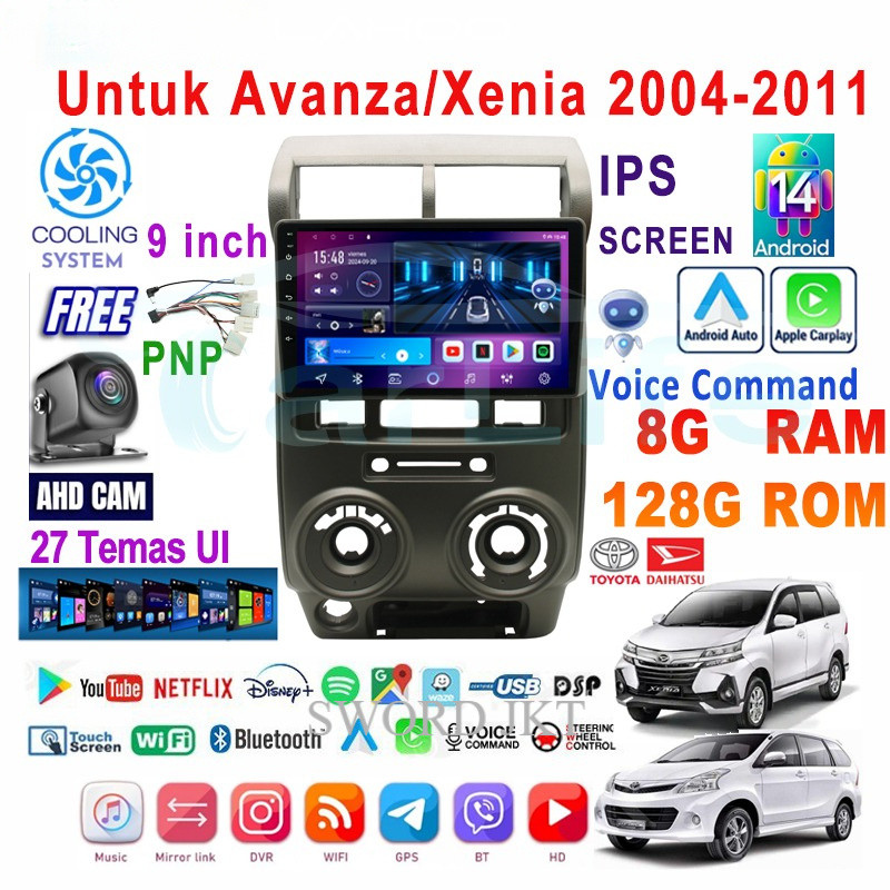 Head Unit Android 14 Avanza Xenia 2004 2011 Layar 9 Inch IPS 8GB 128GB Support Carplay Android Auto 