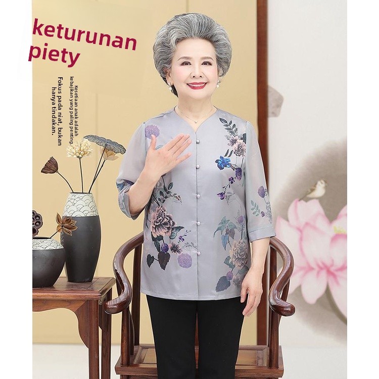 Simulasi Nenek Musim Panas Gaun Baya Atasan Sutra Gaun Kemeja Lengan Sedang