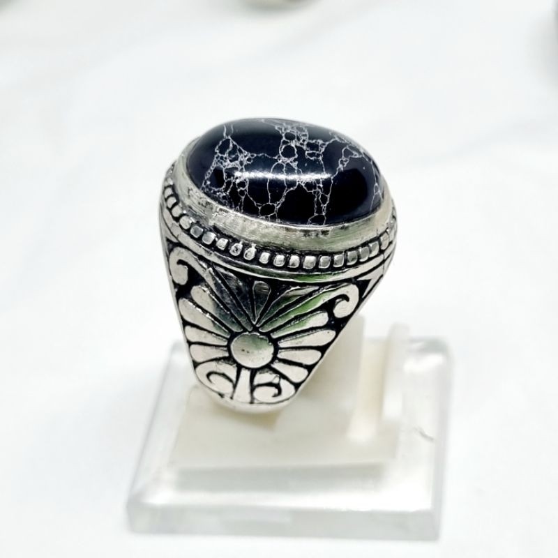 cincin pirus hitam urat putih / pirus persia / cincin batu akik pirus hitam ceplok kuro elegan