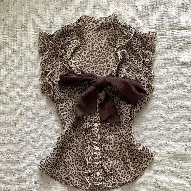 Temukan Pakaian Blus Motif Leopard Retro Dengan Pita Gaya Musim Panas Terbaru Atasan Wanita