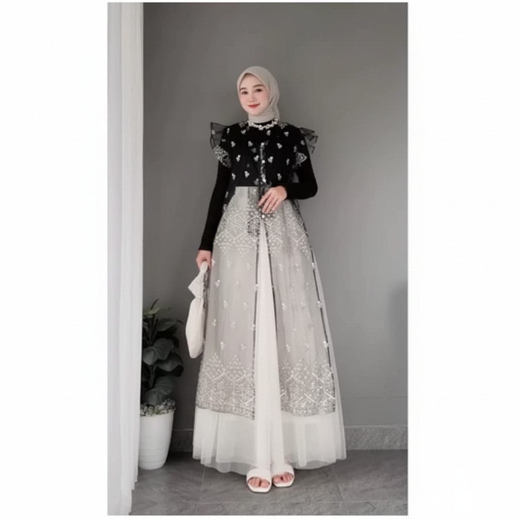 NURKHAYAH.SHOP Setelan Vest Long Tunik Brukat + Rok Tutu Putih Ootd Hari Raya Outer Brukat Hitam Sty