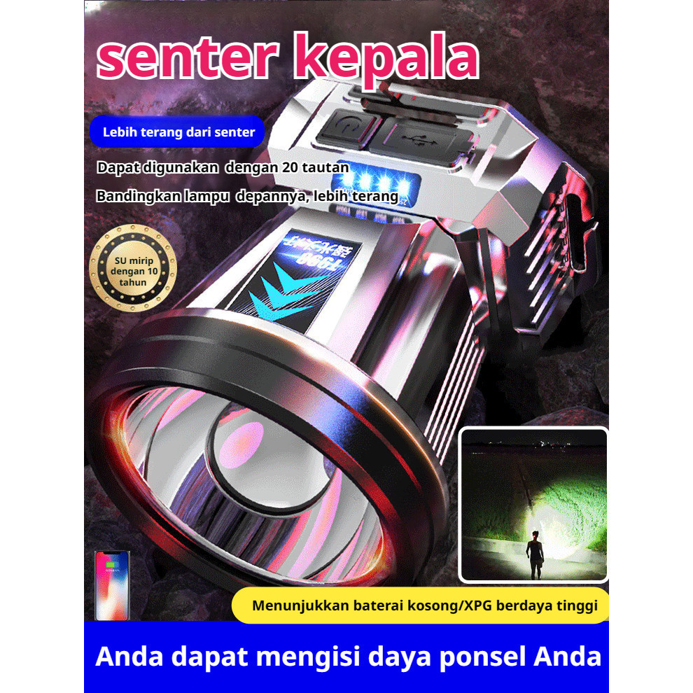 USB Power Bank + Indikator Baterai Lampu Kepala Super Terang 1000LM Jarak Jauh, Headlamp/Lampu Outdo