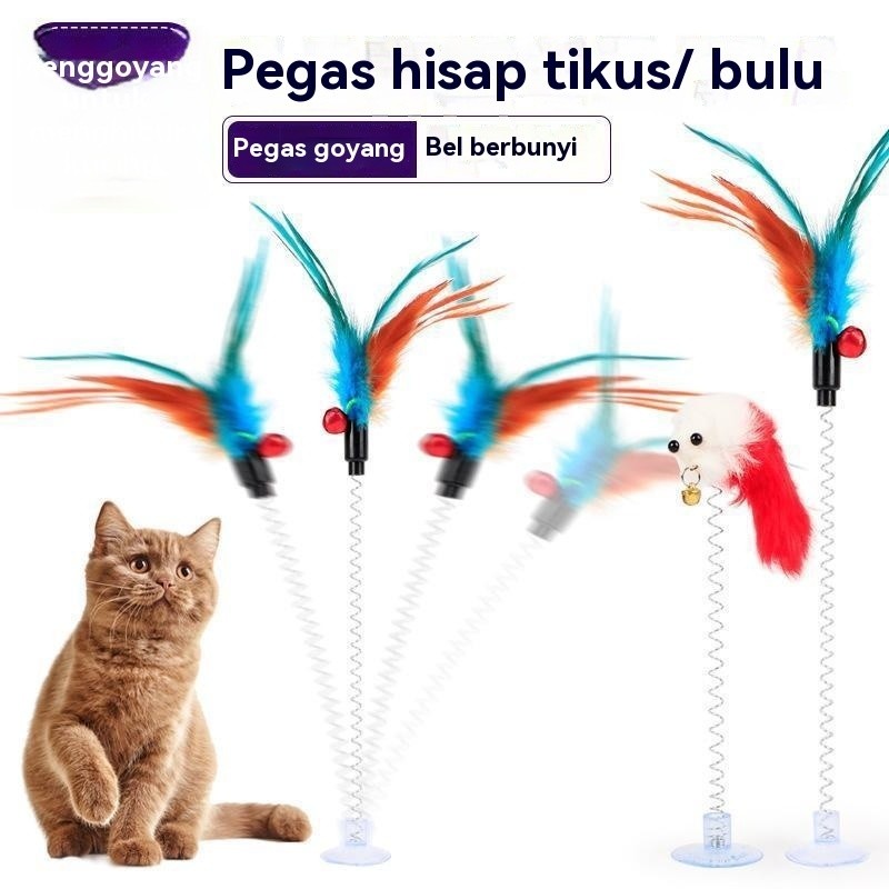 Wire spring cat teaser wand, feathers, bell, toy, suction cup