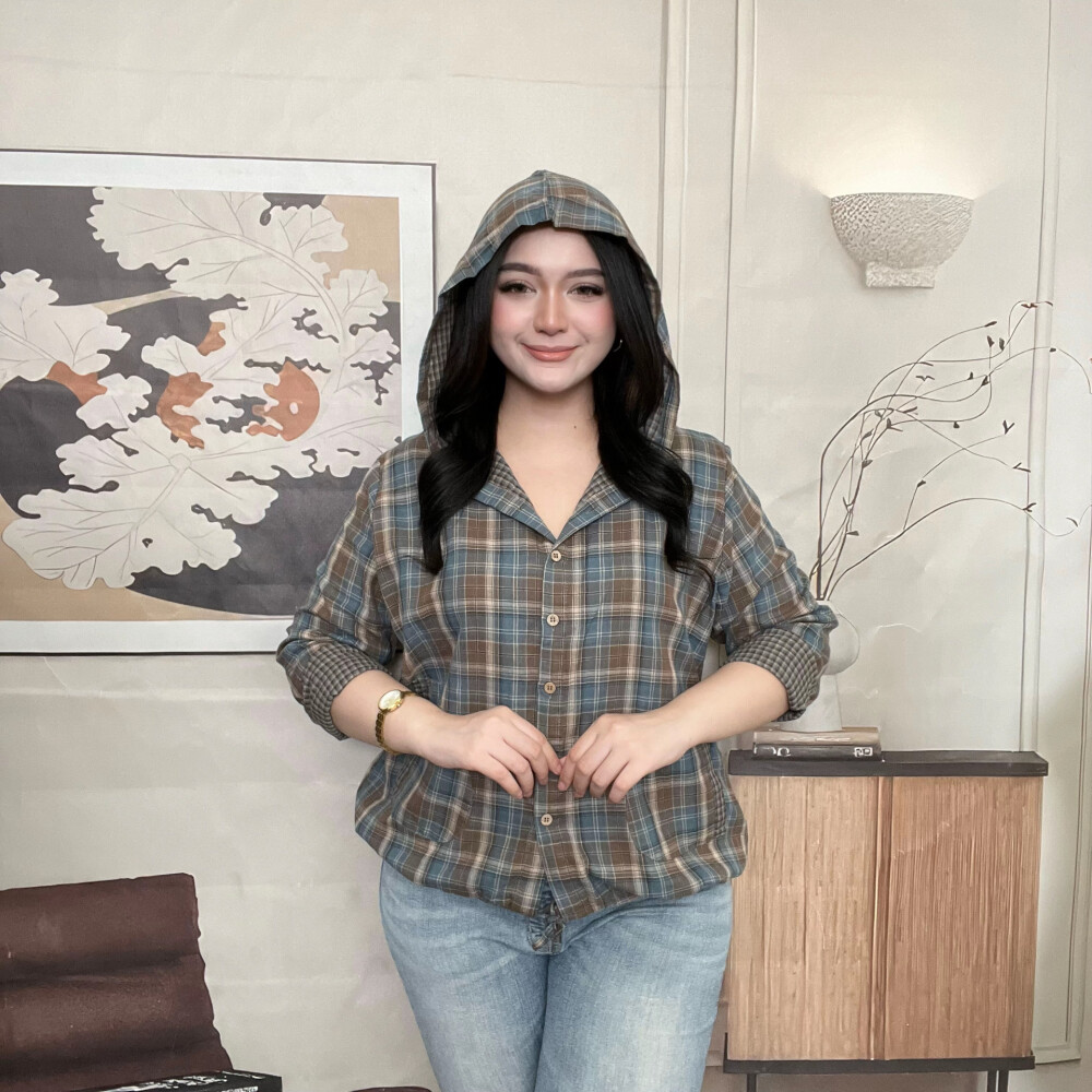 TENDBLANK Kemeja Wanita Kotak-kotak dengan Hoodie, Atasan Kasual | Kemeja Wanita | Atasan Wanita | B