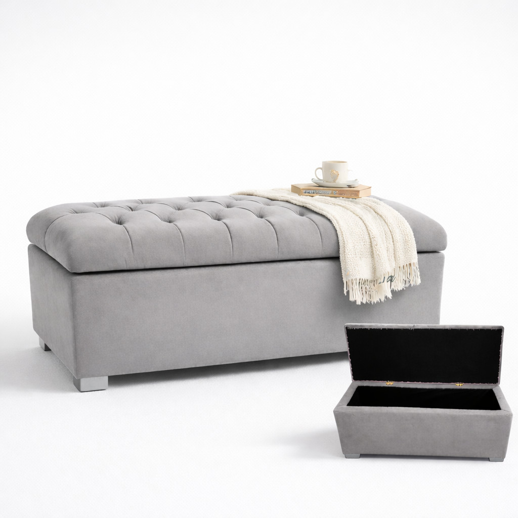 Sofa Ottoman Storage Bench  – Bangku Penyimpanan Multifungsi Motif Tufted, Sandaran Empuk, Bahan Bel