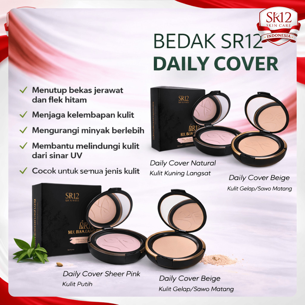 SRID SR12 Bedak Daily Cover Natural BPOM – Bedak Padat Tahan Lama, Menutup Bekas Jerawat & Flek Hita