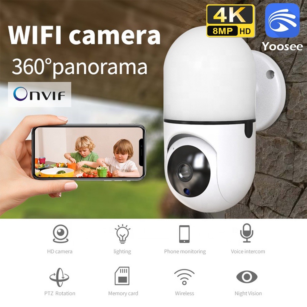 Yoosee CCTV IP Kamera Wifi Lampu dinding Pencahayaan support Onvif 360° PTZ Panorama 1080P 8MP