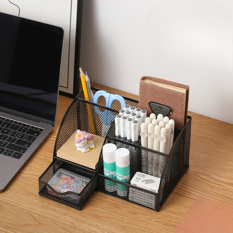 Tempat Pena Multifungsi Tujuh Sekat Kotak Penyimpanan Jaring Besi Rak Kosmetik Rak Skincare Rak Kant