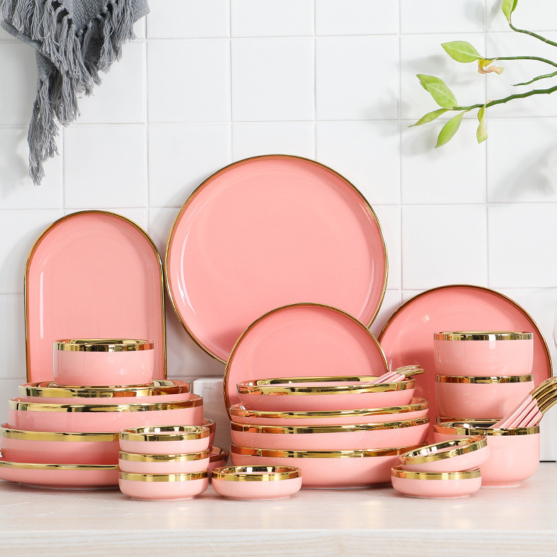 RoyalHuis Piring Makan Keramik Pink Gold / Piring Pink Keramik List Gold / Mangkuk Keramik Pink Gold