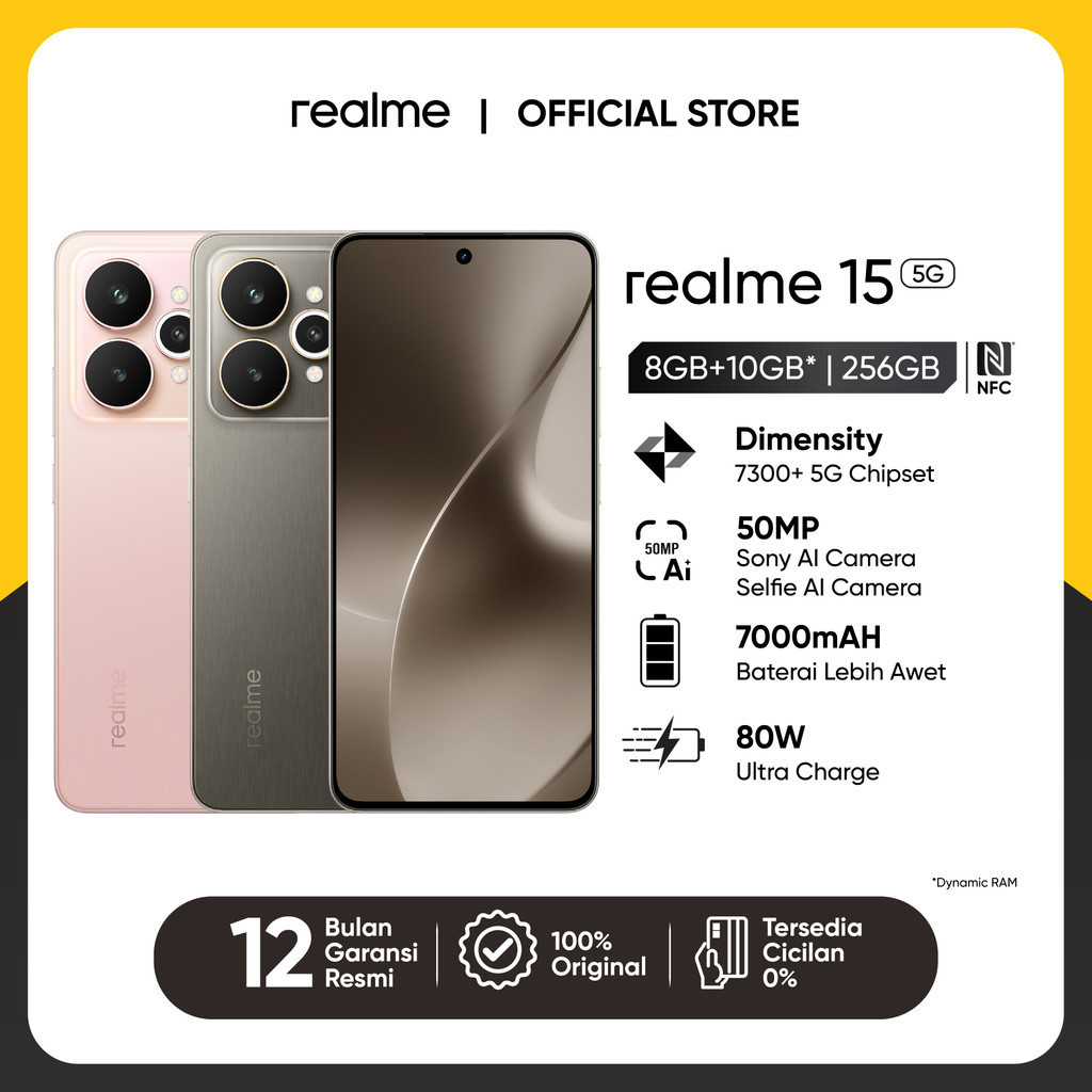 HP BARU realme 15 5G 8GB+10GB* | 256GB (Dimensity 7300+ 5G Chipset | 50MP Sony AI Camera | 50MP Self