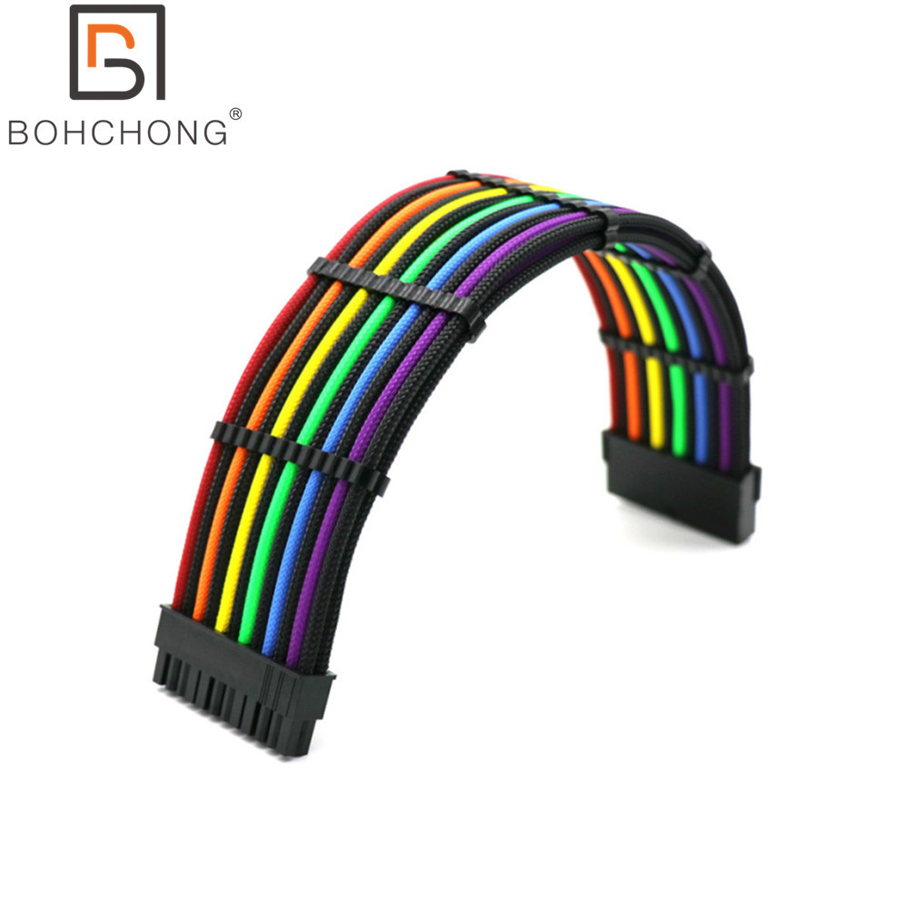 180 Degree Benng PC Custom 4mm PET Sleeve ATX 24Pin PSU Model Power Extension Cable Male to Female f