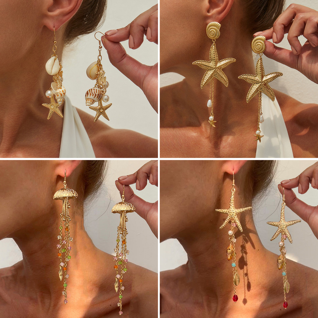 Boho Starfish Earrings Jellyfish with Imitation Pearls Crystal Long Tassels Earrings Women Trendy Dr
