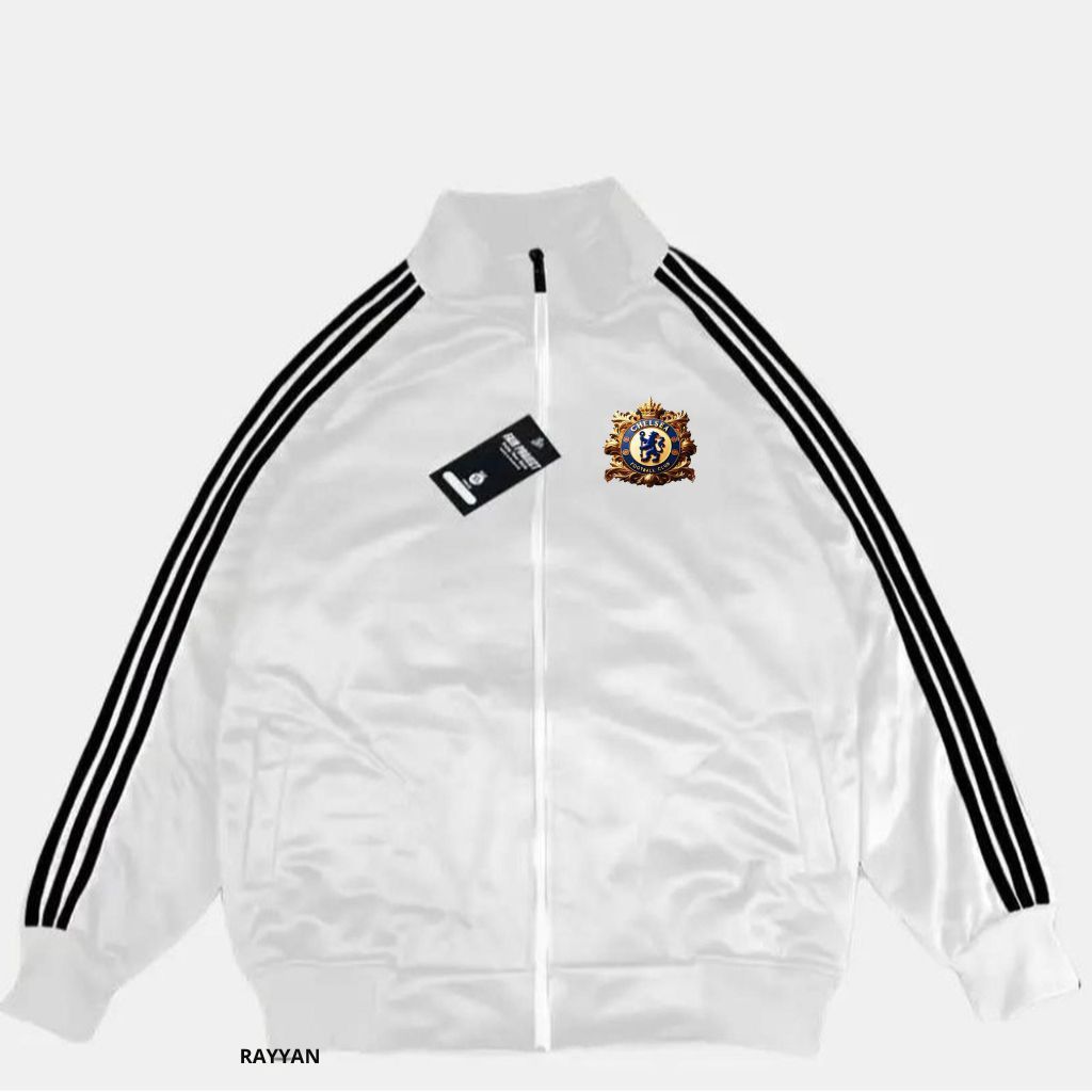 Chelsea Jacket Tracktop Unisex Footbal Club Top Eropa / Dunia Warna White Motif List Tangan Hitam Sz
