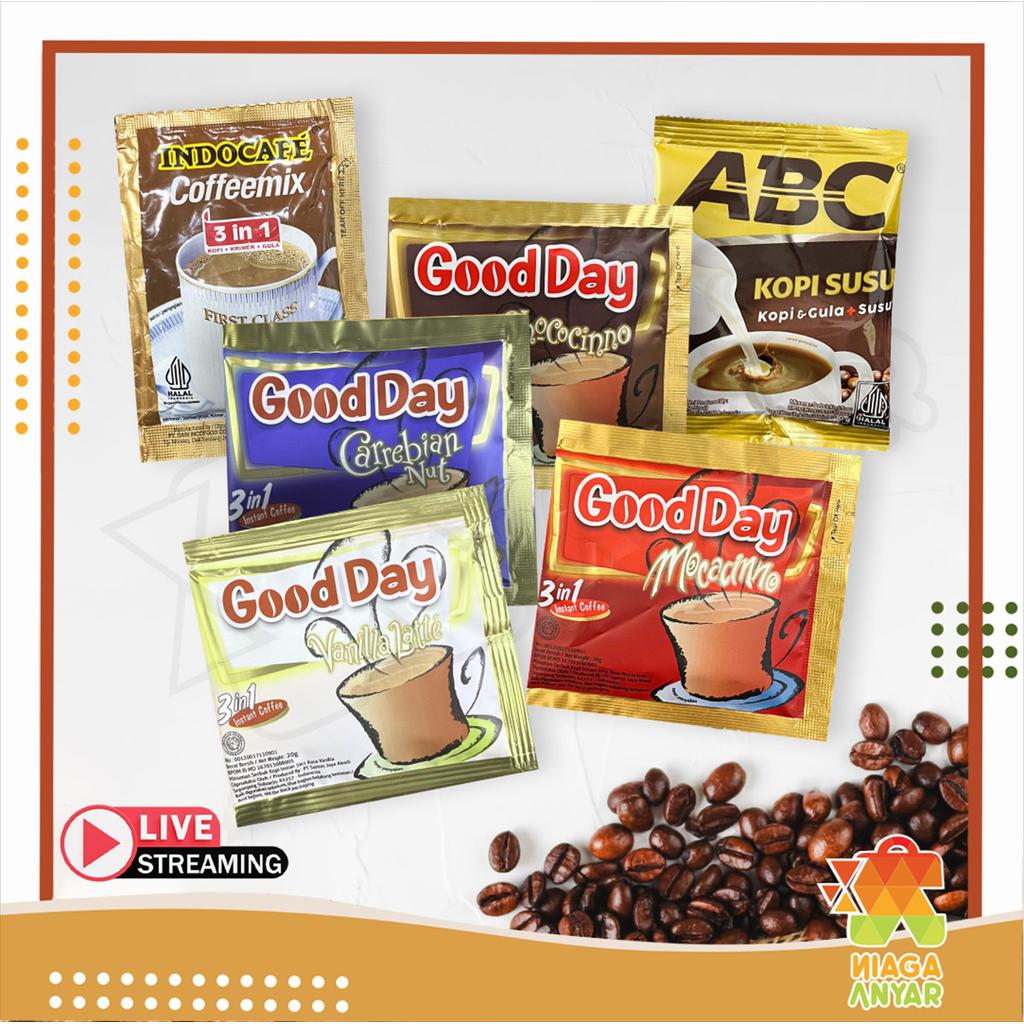 NAS Indocafe Abc Good Day Kopi Instan Sachet Satuan / Coffeemix 3 in 1 Kopi Susu Mocacinno / Cofemix