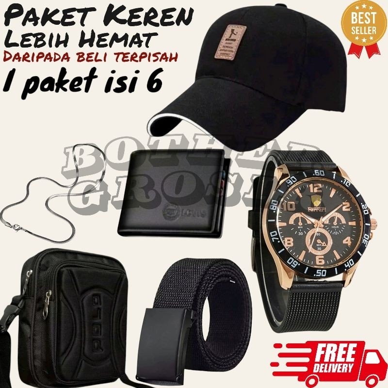 (Promo Paket Istimewa Pria Keren Combo Star Pria Terbaru ) 6 In 1/Jam Tangan Pria Keren Beli Jam Tan