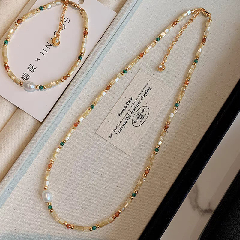 Kalung Mutiara Air Tawar Batu Alam Baru dengan Manik-manik Turmalin Berwarna-warni