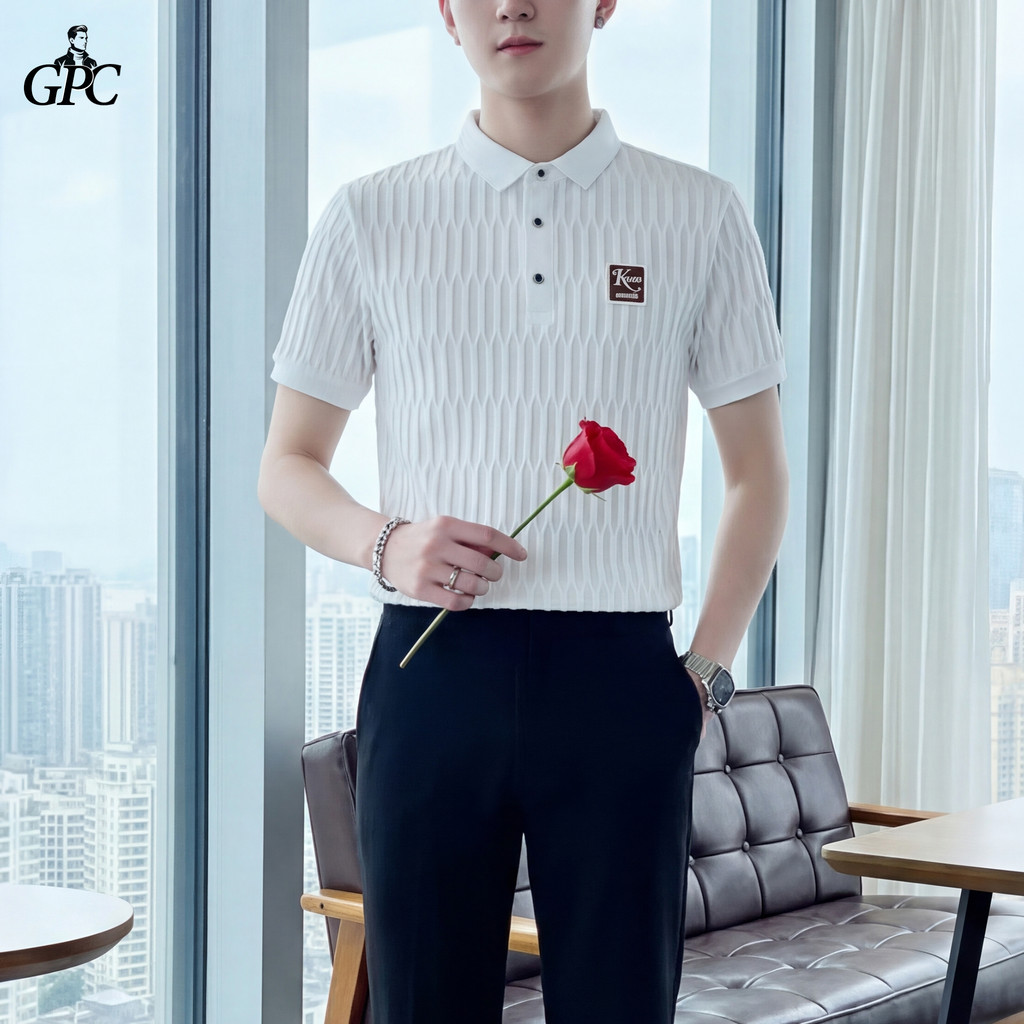 GayaPriaCo. Kaos Polo Pria  Lengan Pendek Motif Garis Polos Dengan Logo Kancing Depan/hitam/Putih