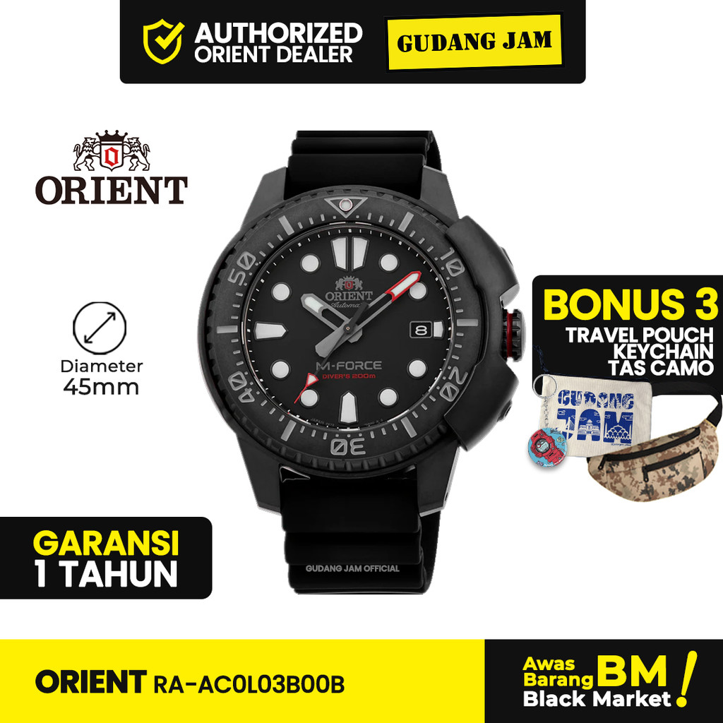 Jam Tangan Pria Orient RA-AC0L03B M-Force Stealth Black 45mm Automatic Sapphire Crystal