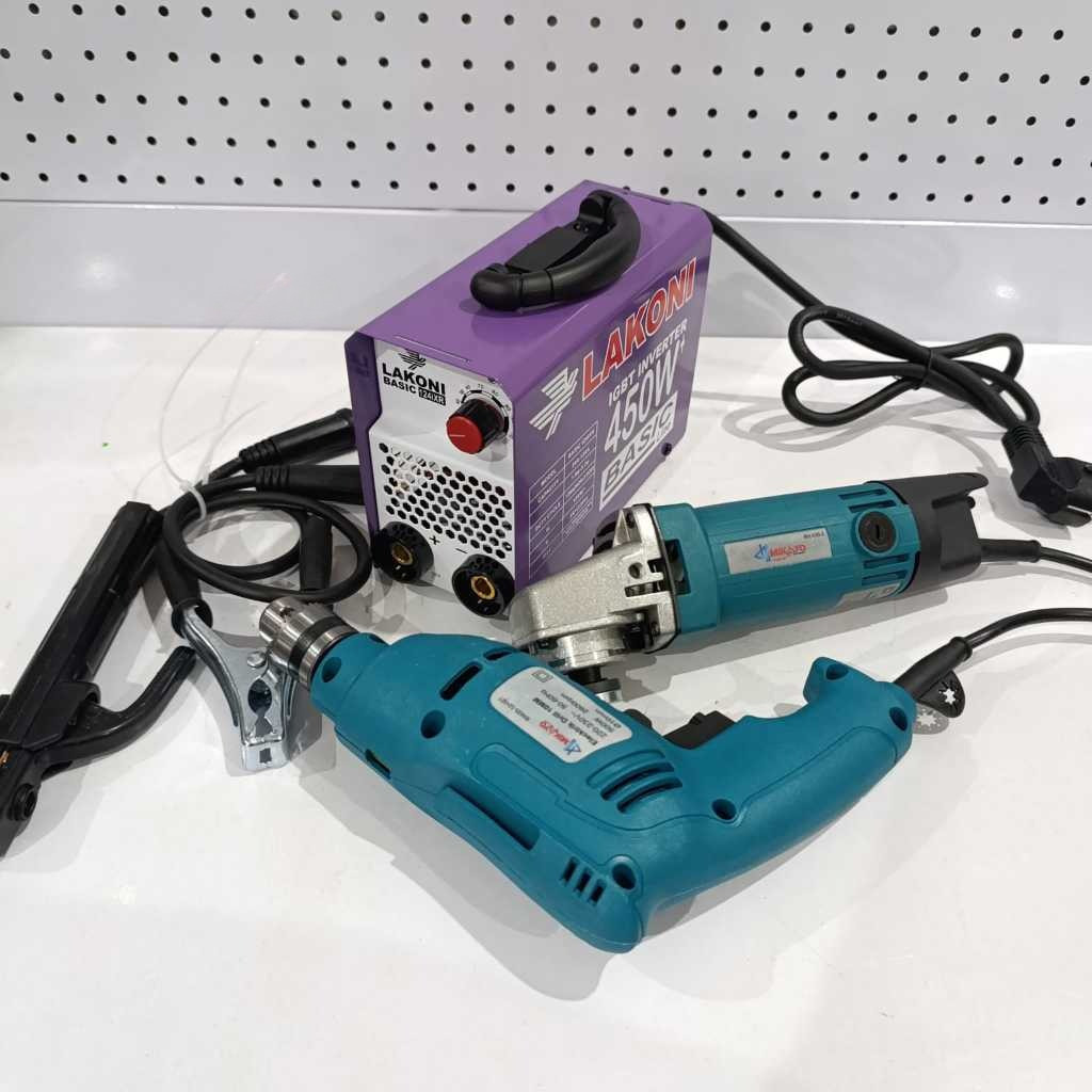 FAVORE TURUN HARGA !!! Mesin Las 450watt Travo Las + Mesin Gerinda Tangan listrik 4inch + Mesin Bor 
