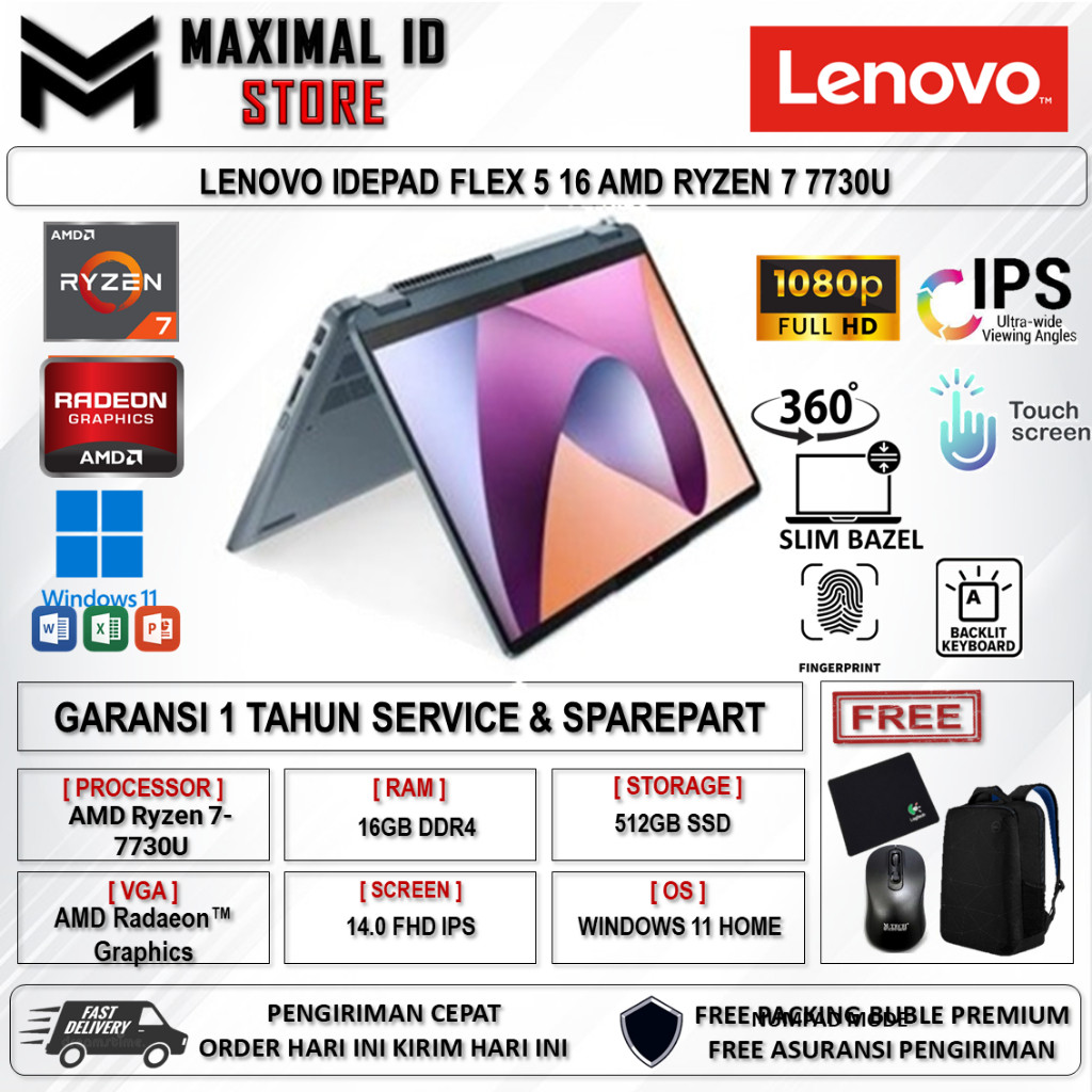Laptop Lenovo IDEAPAD FLEX 5 16 AMD Ryzen 7 7730U 16GB 512GB 16.0 WUXGA IPS Touch BL FP Win11Home