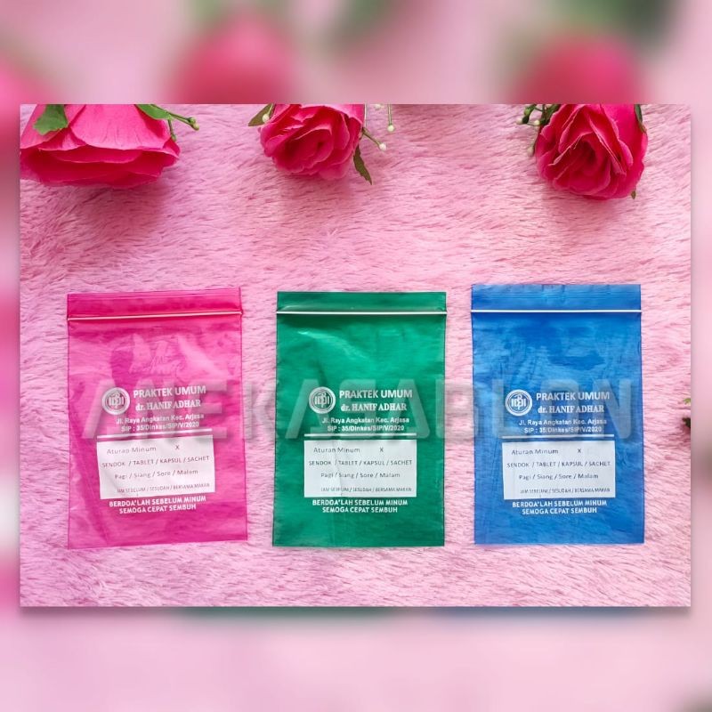 Plastik Klip Sablon 7x10 Cm Bungkus Obat Merah Biru Hijau