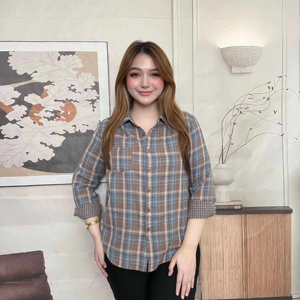 TendBlank Kemeja Wanita | Kemeja Kotak Lengan 3/4 Gaya Korea | Atasan Elegan untuk Kerja & Hijab | B