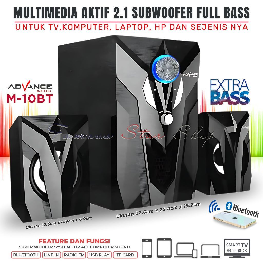 Speaker Bluetooth Extra Bass Multimedia Aktif Super Bass ADVANCE M-10BT (3pc Speaker) Salon Aktif / 