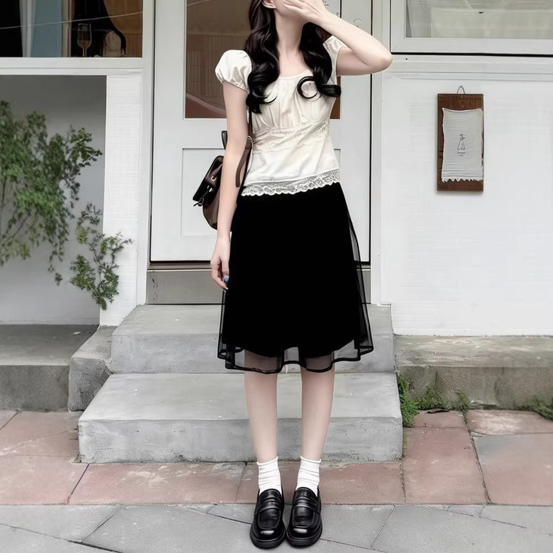 [Pakaian Ratu] Rok Sambungan Jaring Korea Coklat Rok Midi Kata Desain Pelangsing Pinggang Tinggi