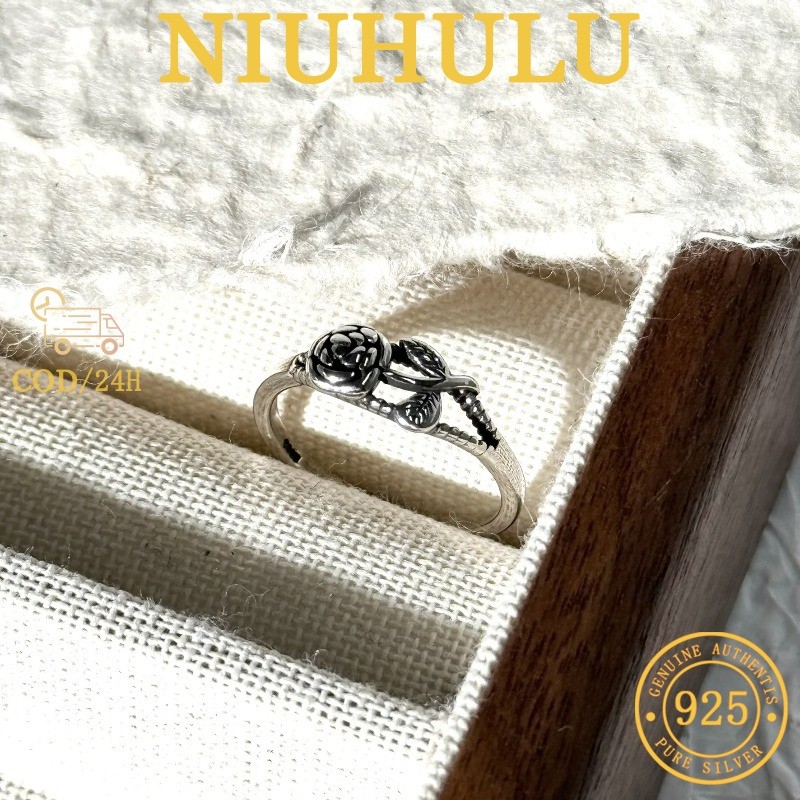 Cincin Mawar Hitam Perak Antik 925
