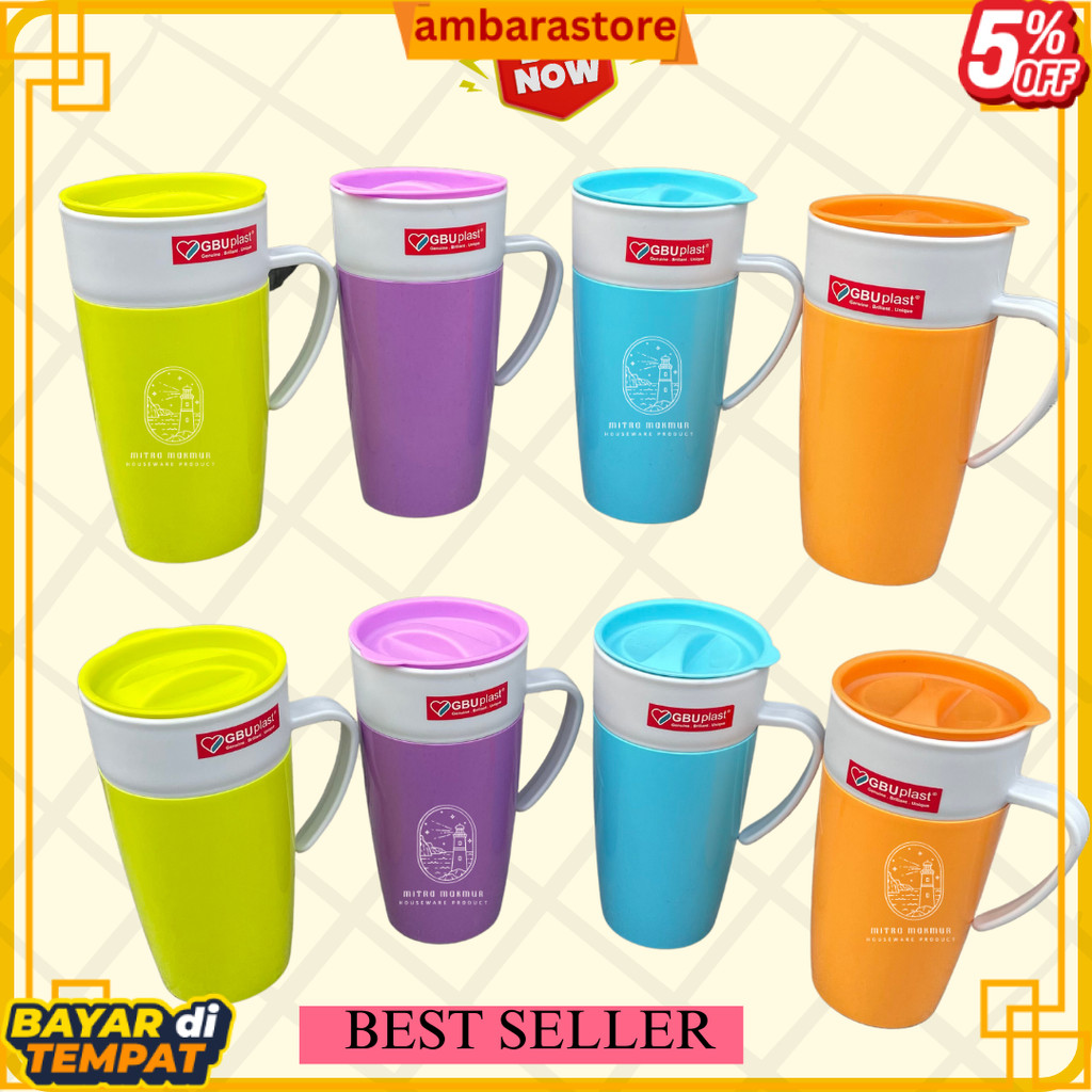 NEW SALE MUG PLASTIK DOUBLE LAYER 550 ML AYAKA GBU PLASTIK GELAS GAGANG + TUTUP PLASTIK ABS
