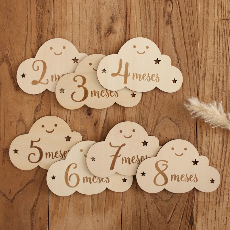 Spanish Alphabet Baby  Wooden Milestone Number Month Memorial Cards Items Cute Cloud Shape Newborn P