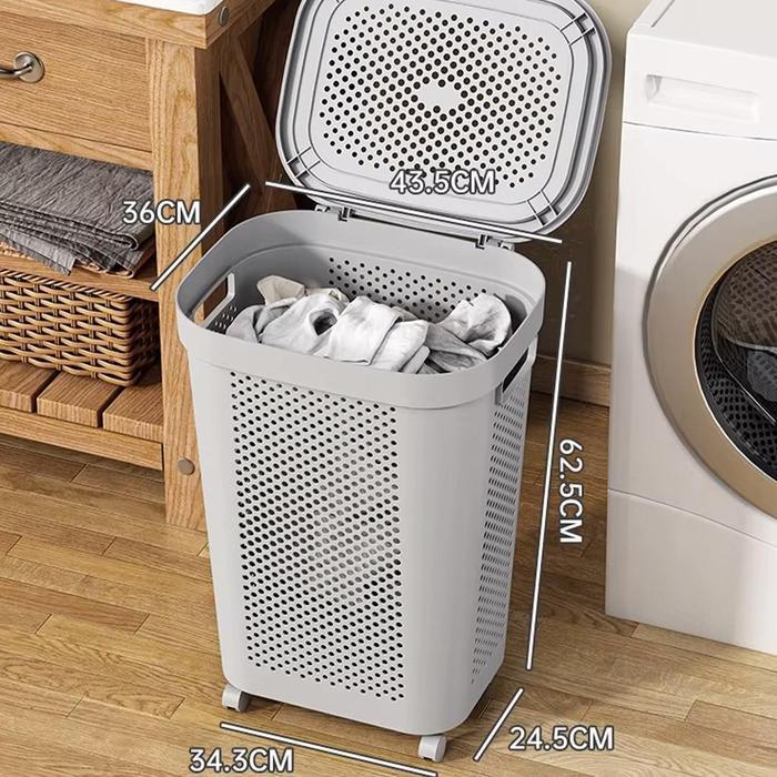 Tempat Keranjang Baju Pakaian Bahan Plastik Laundry Bak Keranjang Dengan Tutup dan Roda / 5480 5481 
