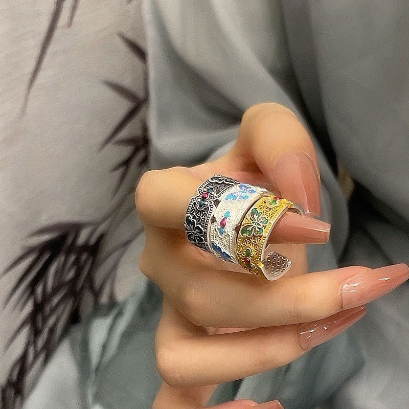 Warna enamel cincin perak murni perak murni Perak murni 999 berongga Cina baru