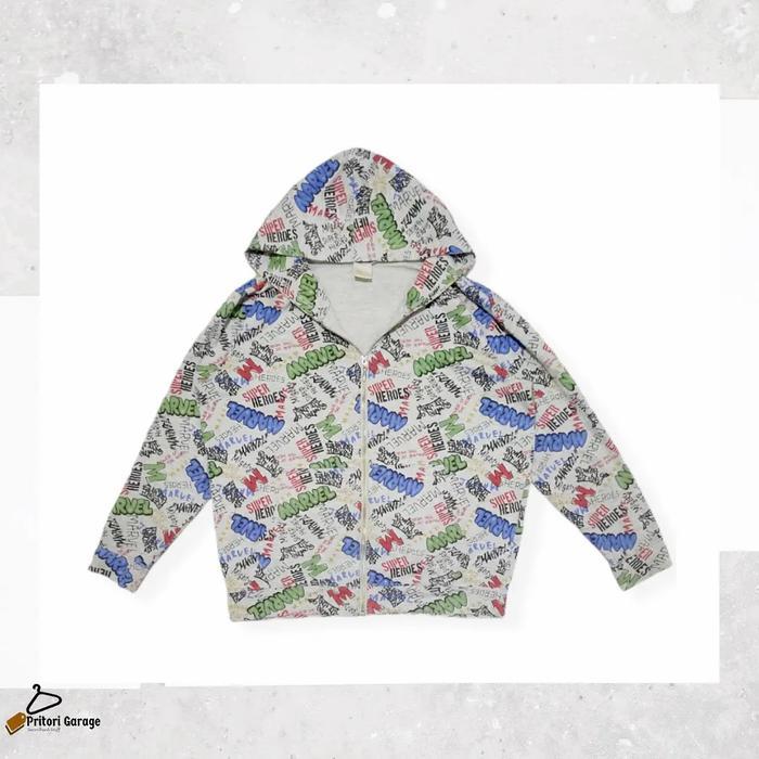 Zipper Hoodie Jacket Fleece Marvel Comic AOP Spell Out Grey Color