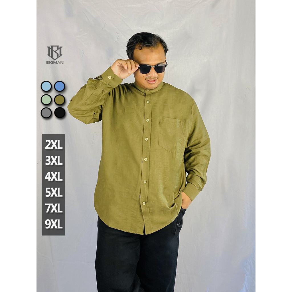 Linen Shirt Bigsize Kemeja Jumbo Pria Lengan Panjang Kerah Shanghai