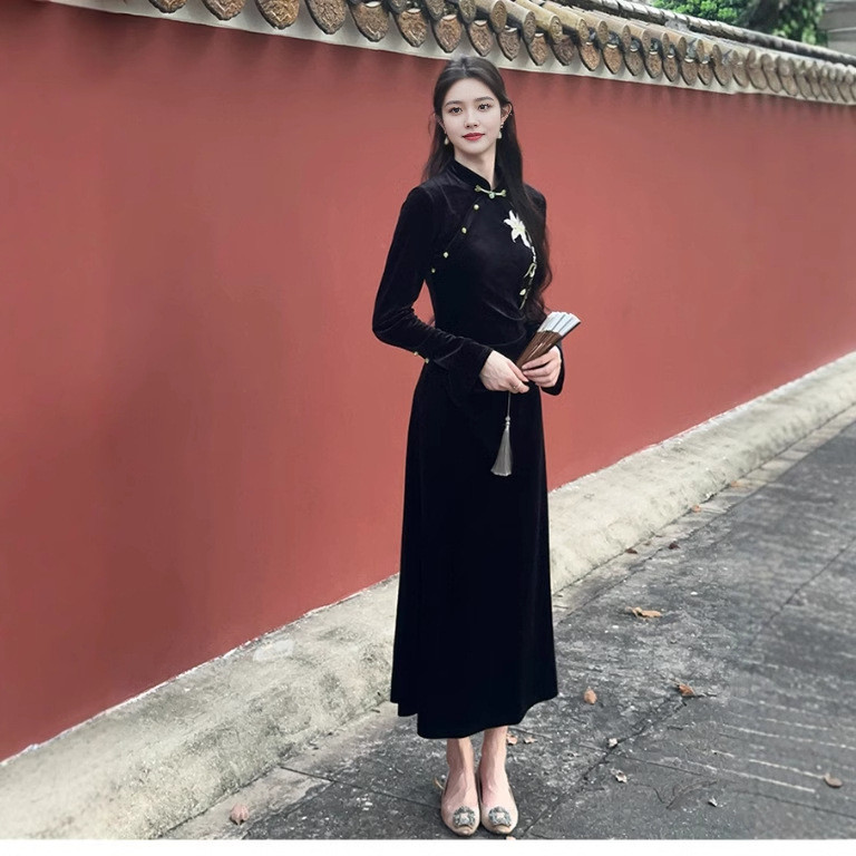 Beludru ditingkatkan cheongsong lengan gaun gaun gaun panjang gaun panjang gaun panjang gaun panjang