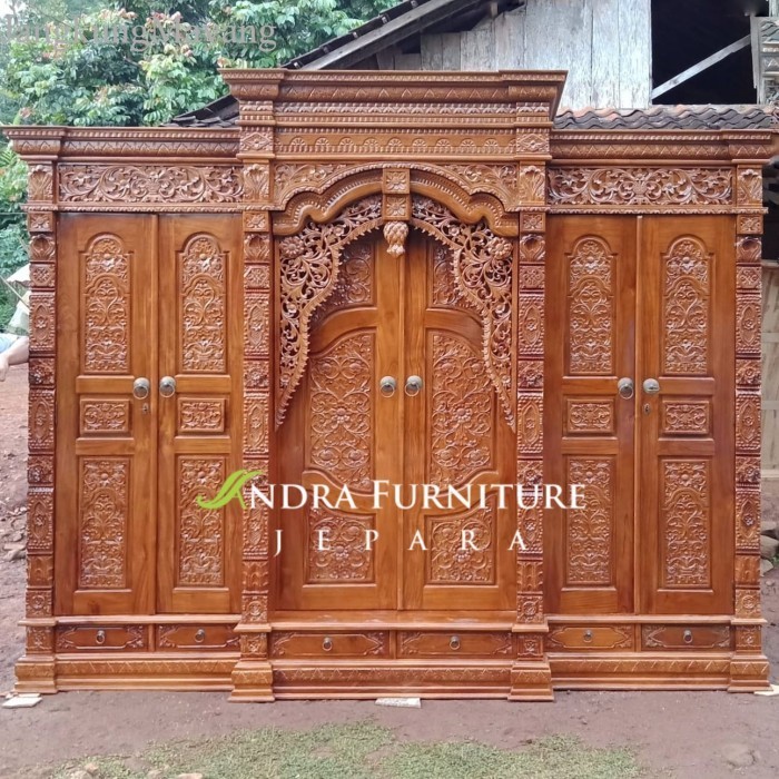 A Almari pakaian gebyok spanyolan 6 pintu full kayu jati, almari mahkota murah