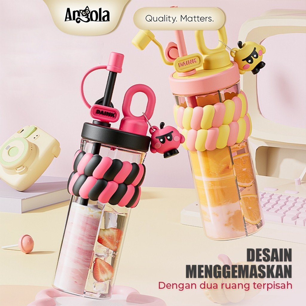 ANGOLA Botol Minum Jumbo 680ml W14 Tumblr 2IN1 / Botol Minum Dua Ruang Anti Bocor dengan Sedotan & Gantungan Lucu | Tahan Panas & Dingin