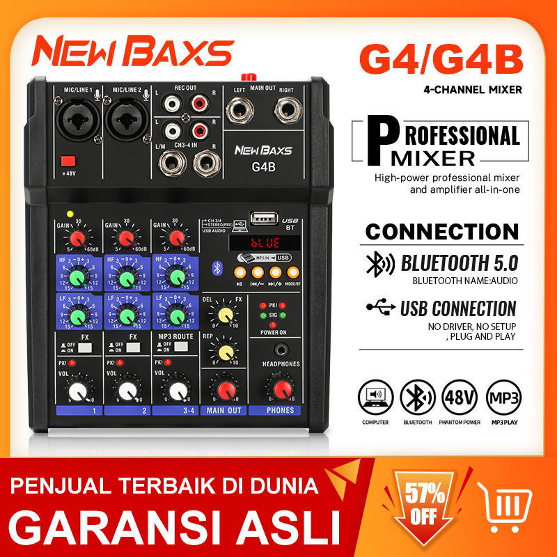 NEW BAXS AUDIO MIXER G4B BLUETOOTH,USB,RECORD,SOUND CARD,REVERB Mixer audio saluran 4 Mixer audio mu