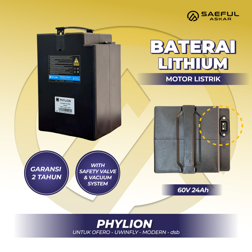 Set Baterai Lithium Sepeda Listrik 60V 24Ah Phylion | Baterai Lithium Ofero Stareer 60V Lithium gara